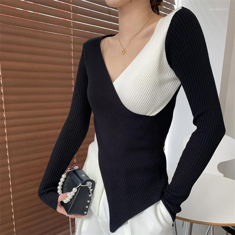 

Women's Blouses Black White Patchwork Skinny Korean Side Split Fashion Blouse Ladies Tops Autumn Wrap V Neck Ribbed Knitted, Like picture