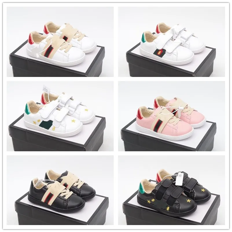 

Kids Shoes Italy Bee Casual girls boys star White Flat Leather Shoe Green Red Stripe Embroidered chirdren sport Snake size 24-35