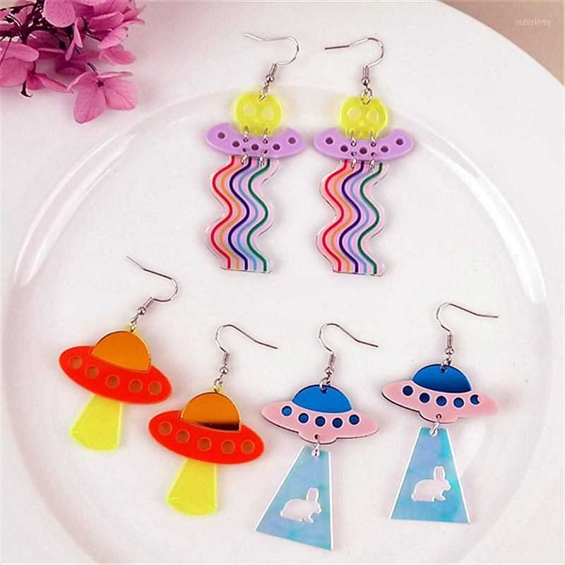 

Dangle Earrings Punk Funny Flying Saucer UFO Rainbow Acrylic Cute Creative Aliens Planets Skull For Women Girls Jewelry