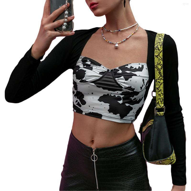 

Women' T Shirts Women Square Neck Crop Tops Long Sleeve Cow Print T-Shirt Spring Exposed Navel Vintage Temperament, Black