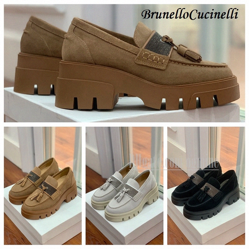 

2023 Designer Women Brunello Martin Dress Shoes Short Ladies Chocolate Brushed Suede Leather Cowhide Loafers Thick bottom Cucinelli White Black Platform Shoe 35-41