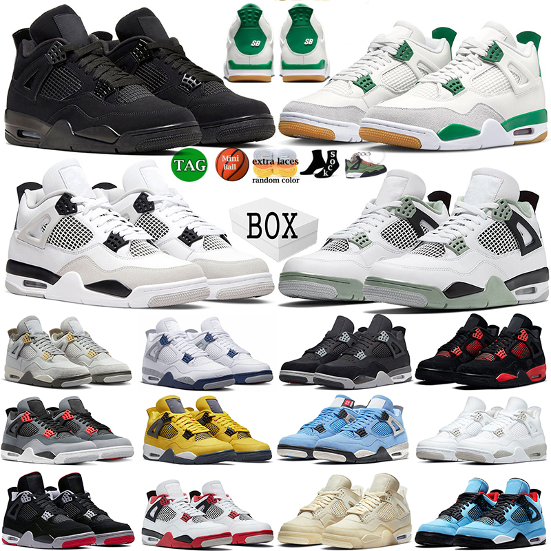 

SB Pine Green 4s Shoes Black Cat Midnight Navy Military Black White Oreo Sail Bred Red Thunder Cactus Jack Fire Red Pure Money Men Women 4 Basketball Shoe With Box, #2 white oreo