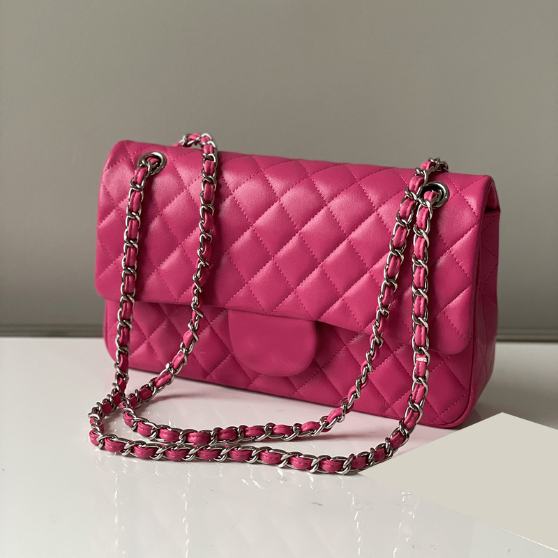 

Womens Classic Double Flap Quilted Jumbo Bags Fuchsia Silver Metal Hardware Matelasse Chain Crossbody Shoulder Pochette Lambskin Handbags 25cm, Box