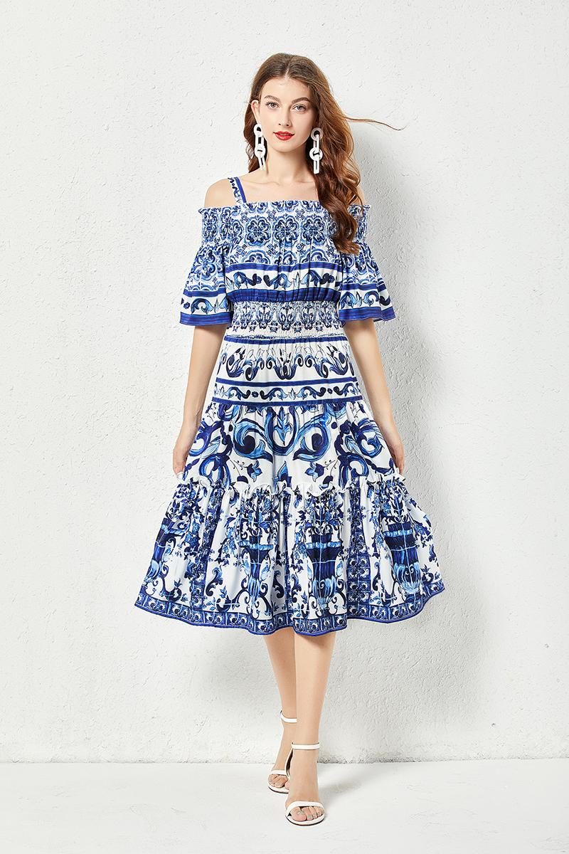

Summer Fashion Runway Midi Dress Women's Cool Shoulder Flare Sleeve Blue and White Porcelain Printing Holiday Beach Vestidos 2023, Same as picture