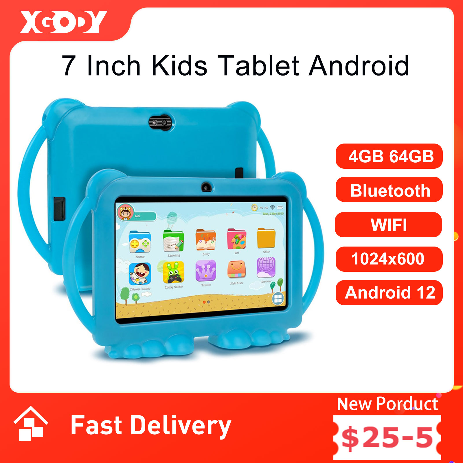 

XGODY 7 Inch Android Kids Tablet PC For Study Education 64GB ROM Quad Core WiFi OTG 1024x600 Children Tablets With Tablet Case, Red