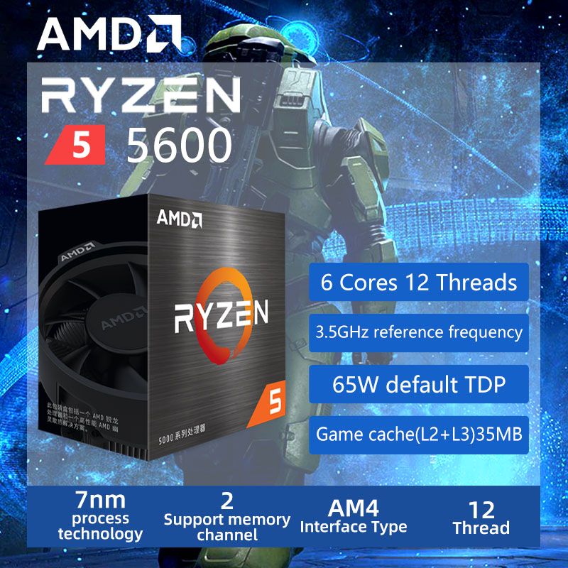 AMD Ryzen 5 5600 R5 5600 3.5 GHz 6-Core 12-Thread CPU Processor 7NM L3=32M 100-000000927 Socket AM4 Sealed and come with the fan-image-848711501