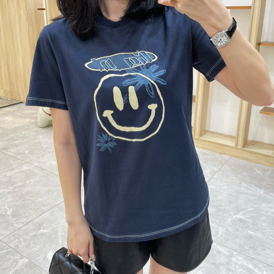 

23ss Ganni Women Designer T shirt Sun Smiling Face Print Fashion Tops Round Neck Loose Versatile Casual T-shirt Female Short Sleeve, No 1