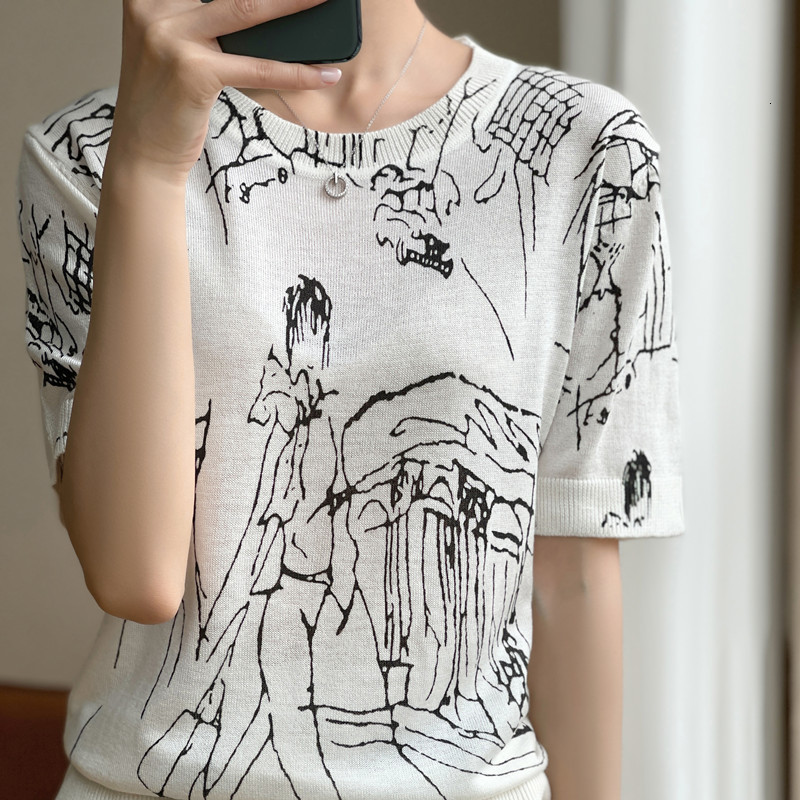 

Women  Sweaters Spring Summer Women Sweater Tees Short sleeved Ladies O neck Wool Blend Pullover Casual Knit Graffiti Pattern Soft Tops 230309, Sky blue