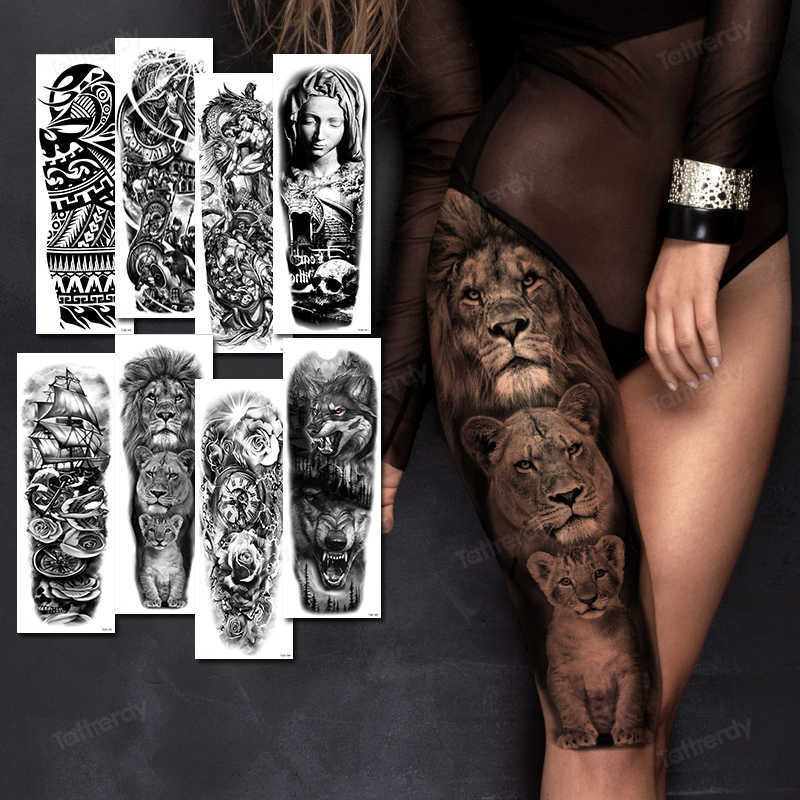 

Temporary Tattoos Full Arm Temporary Tattoo Sticker Man Woman Girls Body Leg Fake Tatoo Lion King Wolf Magnolia Flowers Totem Makeup Waterproof Z0222 Z0222