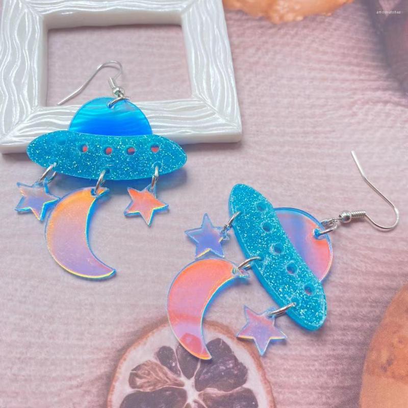 

Dangle Earrings Cute Vintage Unusual UFO Tassel Shiny Star Moon For Women Transparent Laser Acrylic Jewelry