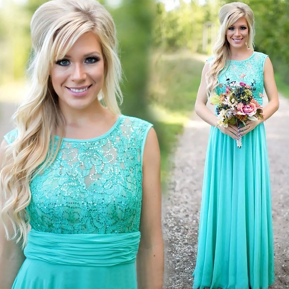 

Bridesmaid Dresses Formal Gown For Weddings A Line O-Neck Sleeveless Floor-Length Chiffon Lace Plus Size New Zipper Pleat NONE Train