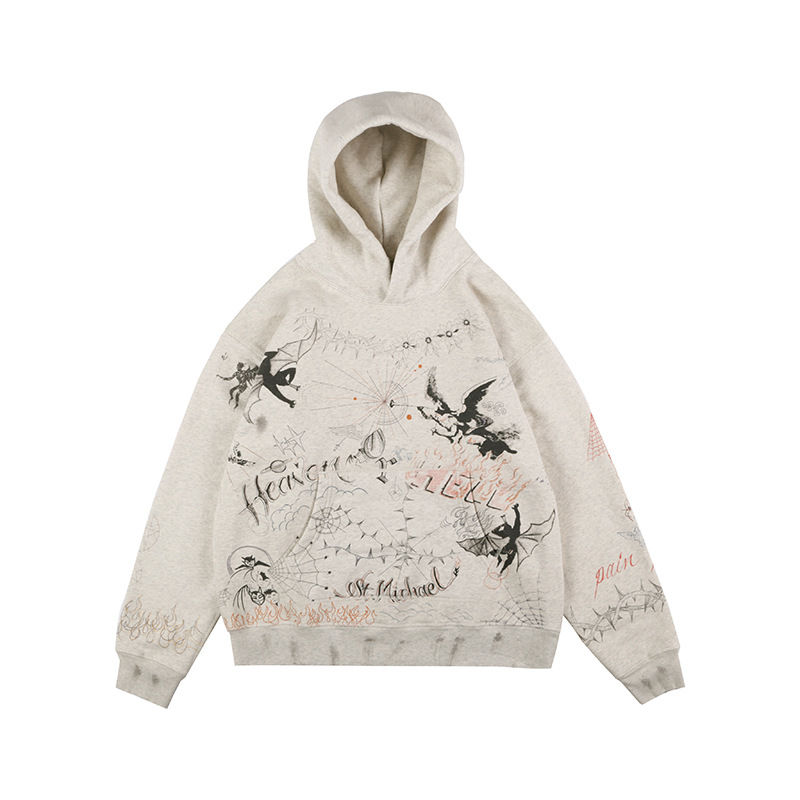 

Mens Hoodies Women Hoody Retro Graffiti Hole Loose Velvet Hooded Sweater, White