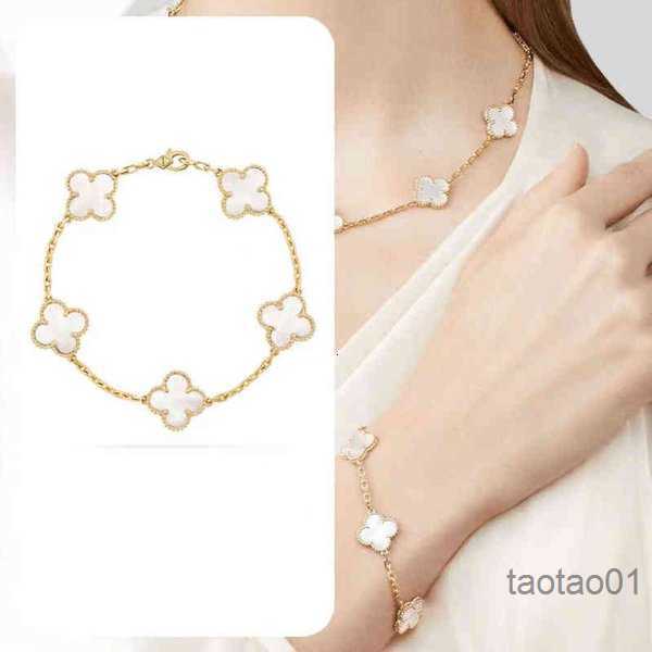 

S925 Sterling Silver Five Flower Four Leaf Clover Bracelet Female Classic White Fritillaria for Girls Lucky Light Luxury 1s2s1r57w