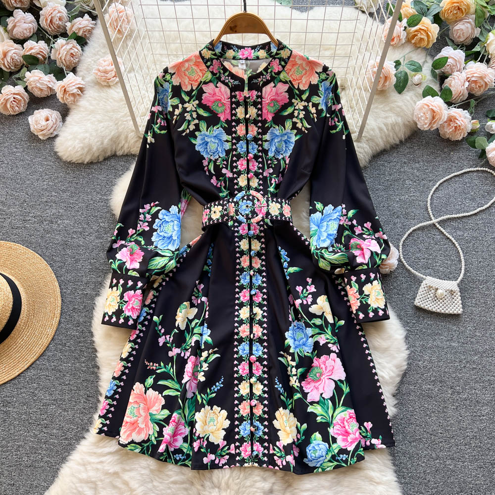 

Women Dresses Summer 2023 Runway Fashion Floral Print Bohemian Dress O-Neck Long Lantern Sleeve Buttons Up Belted Mini Dress, Same as picture