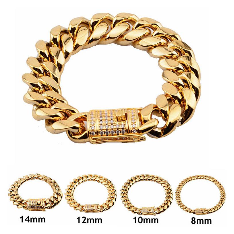 

316L Stainless Steel HipHop Gold Polished Miami Cuban Link Bracelets Men Cubic Zirconia Clasp 8 10 12 14 16 18mm 8inches312f