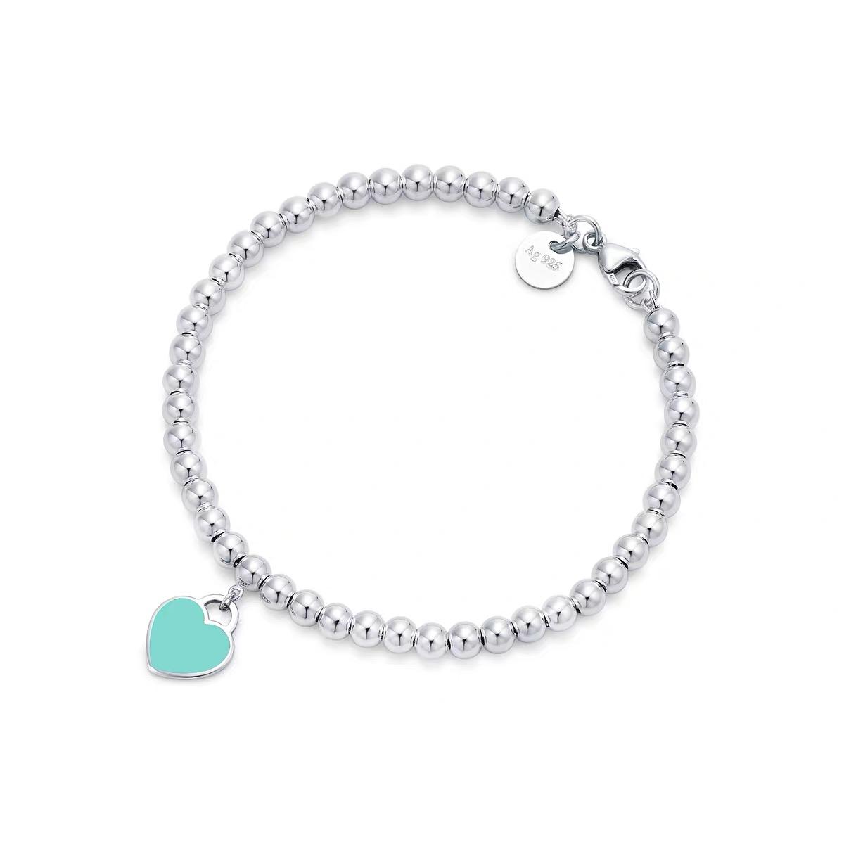 

tiffany Fashion T Jewelry Women man Stainless beaded bracelet Forever Love enamel pink blue Heart charms Pulsera Bracelets lovers gifts