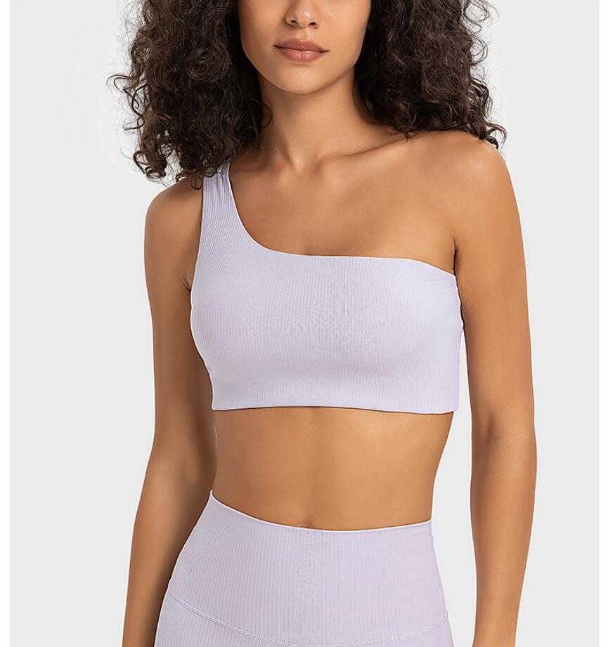 

lu-369 Stripped Rib Single Strap Yoga Sports Bra Droplet Hollow Back Fitness Gym Clothes Women Underwear Tanks Tops Fashion Outwear, Khaki