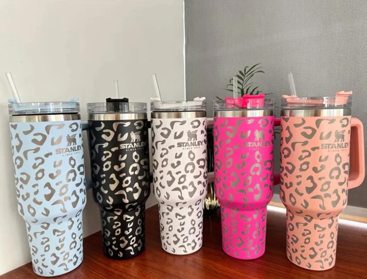 

1Pc With LOGO StanIey quencher 40oz tumbler Leopard Print stainless steel with Logo handle lid straw big capacity beer mug water bottle powder coating cup GJ0322, Stainless steel color