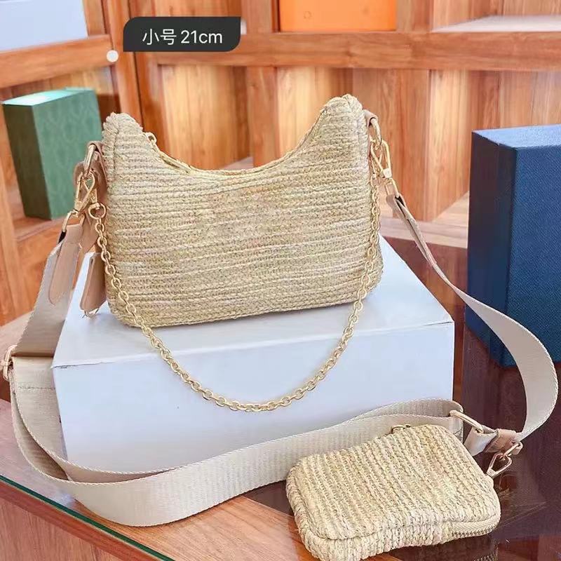 

2 Pieces Set Handbag Crossbody Shoulder Bags Luxury Designer Handbags Fashion Designer Women Chain Straw Bag with Coin Wallet 001