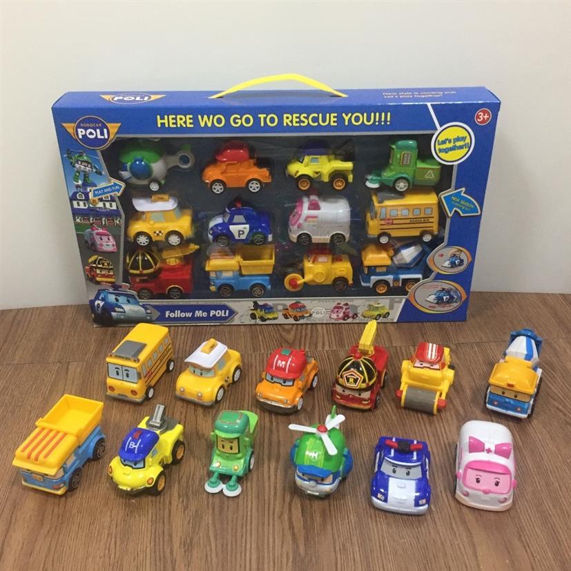 

12pcs set Robocar Poli Korea Toys Robot Poli Amber Roy Pull Back Car Toys Anime Action Figure Toys Gifts For Children Y200919326B, With box