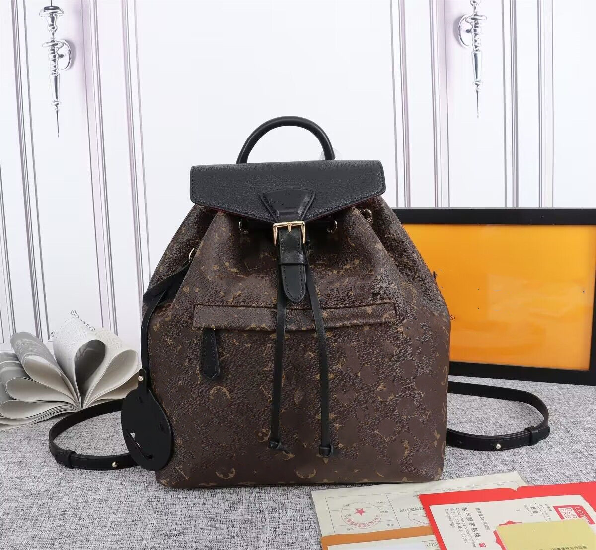 

Real leather backpack plam spring bb pm embossed shoulder carry Magnetic buckle closure with drawstring 7A Genuine leather, Brown flower#3