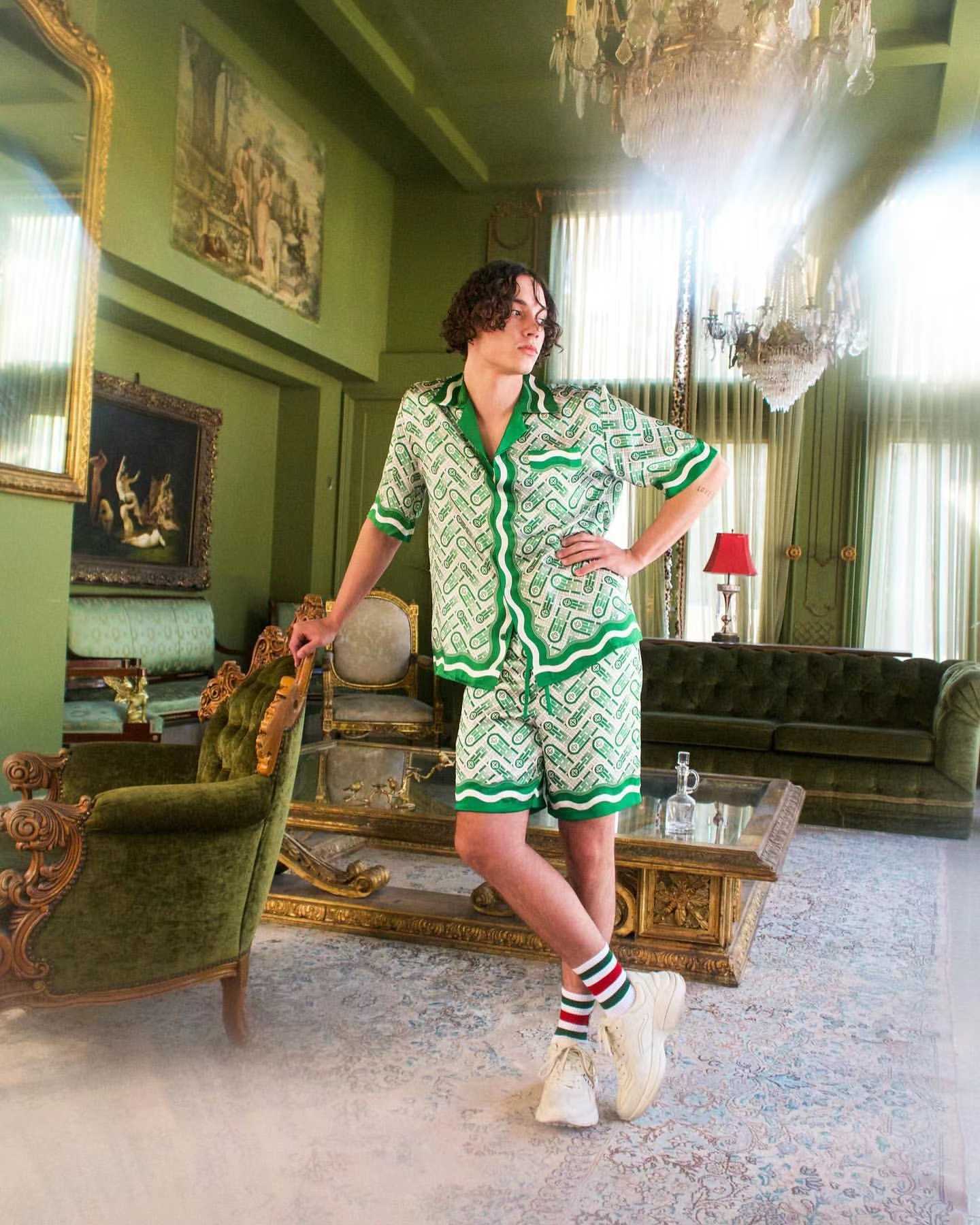 

23SS New Casablanca Designer Fashion Classic men and women Shirt Silk Drawcord Five Point Casual Shorts Green Striped Shirt Versatile Summer, Light green white