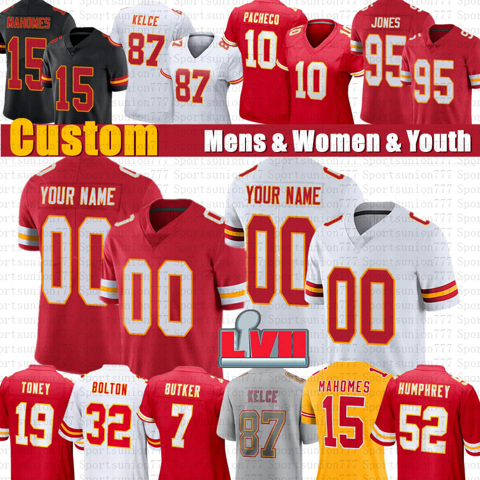 

Patrick Mahomes Isiah Pacheco Travis Kelce Custom Football Jerseys Kadarius Toney Chris Jones Kansases City Nick Bolton Chiefes Butker Skyy Moore Creed Humphrey, Mens