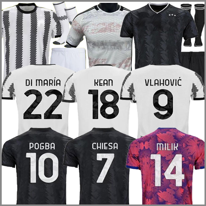 

23/24 Fans Player Version Soccer Jersey Juventus DI MARIA MILIK VLAHOVIC POGBA DANILO KEAN LOCATELLI CHIESA ARTHUR BONUCCI CUADRADO Football T Shirt Men Kids Kit, Home+player version