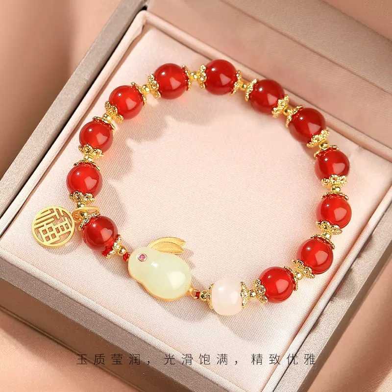 

s Jade Female Birth Zodiac Year Red Agate Beads Acacia Beans Blessed Rabbit Bracelet