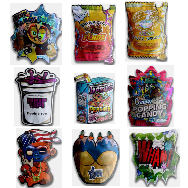 

Custom printed shape reusable Mylar bags plastic heat seal resealable baggies 3.5g 14g 28g candy die cut foil smell proof holographic for food storage