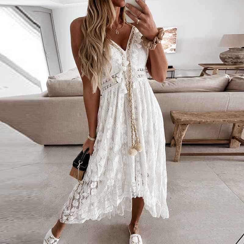 

Casual Dresses Boho Women Lace Hem Dress 2022 Flower Lace Tassels Deep V-neck Bandage Sleeveless Beachwear Summer Dress S-2XL Beige/ White G230311