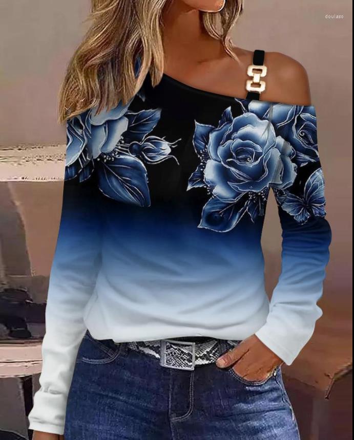 

Women's T Shirts Fashion Woman Blouses Autumn Floral Print Cold Shoulder Casual Long Sleeve Daily T-Shirt Top Women Y2K Clothes