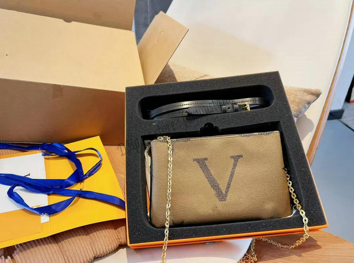 

Designers DOUBLE ZIP POCHETTE Chain Cross Body Bag Monograms Letter Flower Check Shoulder Bags Two Zipped Pockets Clutch Women Crossbody Handbags, 01