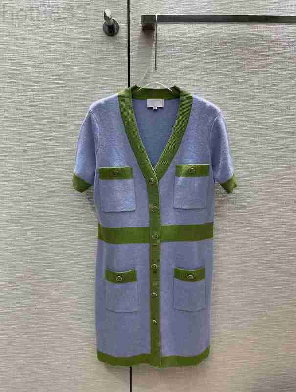 

Runway Dresses Designer Milan 2023 Spring Summer v Neck Short Sleeve Print Women' Dress Brand Same Style Clothing 3HSZ, Blue