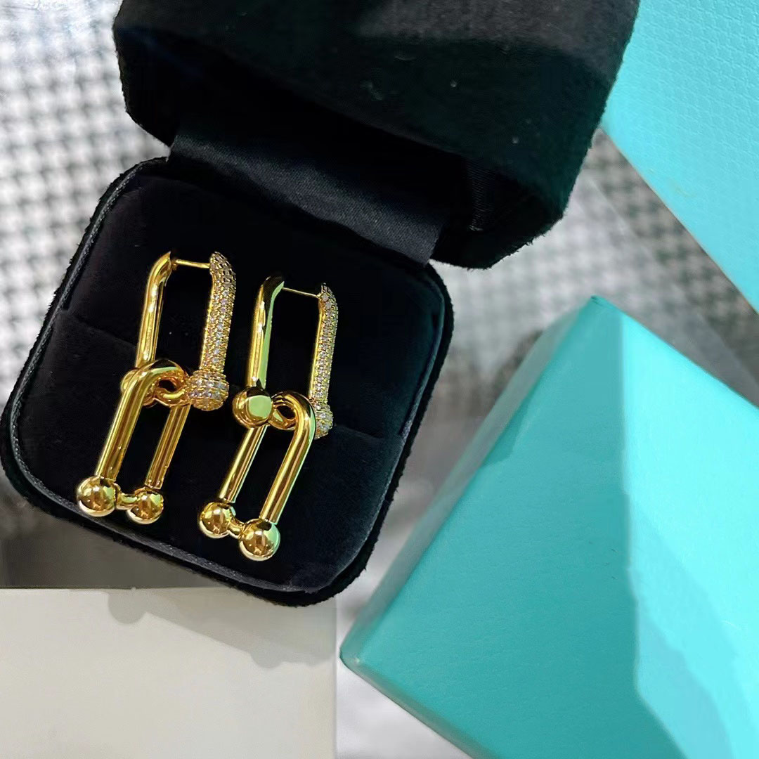 

18K gold double u shape stud earrings for women fashion luxury brand designer OL style shining crystal ear rings earring party wedding jewelry