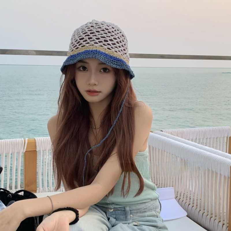 

HBP Japanese Hats Wide Niche Brim Bucket Hat 2023 New Spring and Summer Hollow Woven Straw Cap Concave Shape Photo Fashion Women's Hats Gorras P230327, Green