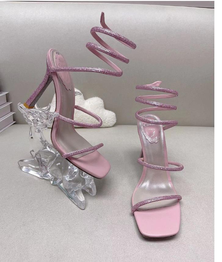 

Black Crystal Chandelier high-heeled sandals women's Fairy style luxury diamond serpentine wrapped Roman high heels 10cm sexy fashion designer banquet dress shoes, 34