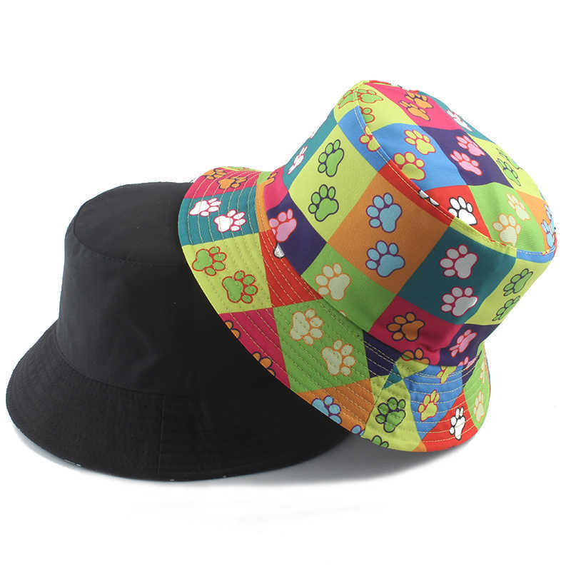 

HBP Cat Hats Cute Wide Brim Paw Print Cotton Bucket Hat For Men Women Summer Pkable Travel Beh Hunting Fishing Cap P230311, Hai luo