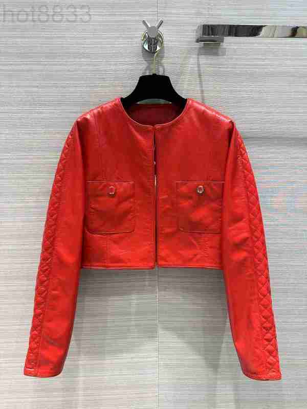 

Women's Leather & Faux Designer Milan Runway Leat Coat 2023 New Spring Autumn Winter o Neck Long Sleeve Outerwear Coats Brand Sam PWHY, Red