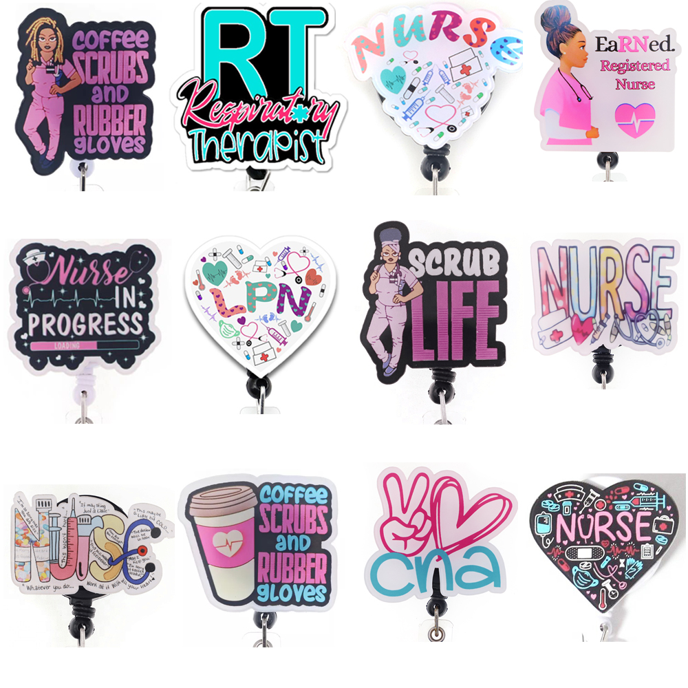 

10 Pcs/Lot Fashion Key Rings Scrub Life RT LPN CNA Acrylic Retractable Medical Badge Holder Nurses Doctors ID Name Card For Healthcare Worker Accessories