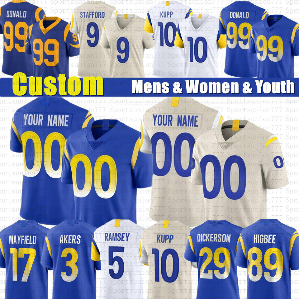 

Cooper Kupp Matthew Stafford Aaron Donald Custom Football Jersey Jalen Ramsey Tyler Higbee Matt Gay Cam Akers Baker Mayfield Ernest Jones Eric Dickerson Whitworth, Mens