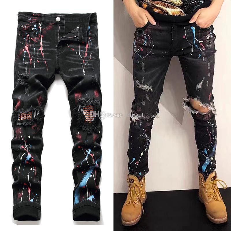 

Black Painted Jeans Men's Distressed Slim Fit Denim 5 Pockets hrX, Black-amr-3127
