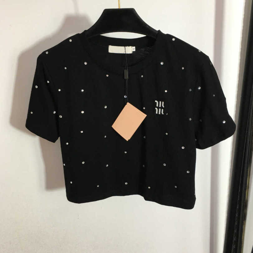 

23ss designer brand short sleeve t-shirt Women Sparkly Hot Drill chest logo Embroidered letter short sleeve top Pure cotton Round neck fashion womens Clothes a1