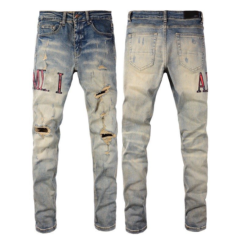 

Men's Jeans Skinny Top quality AM letter embroidery Ripped Holes Jean Elastic Motorcycle Biker Denim Pants AM Fashion Hip Hop printing pants, 892
