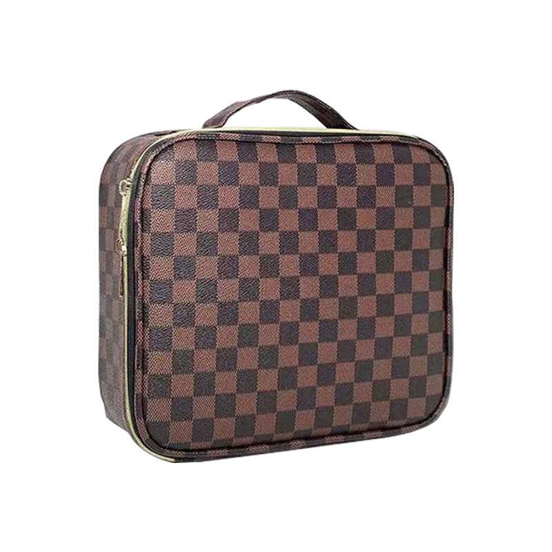 

Travel Cosmetic Case Plaid Printed Storage Bag Portable Artist Makeup Handbag with Adjustable Dividers, Beige