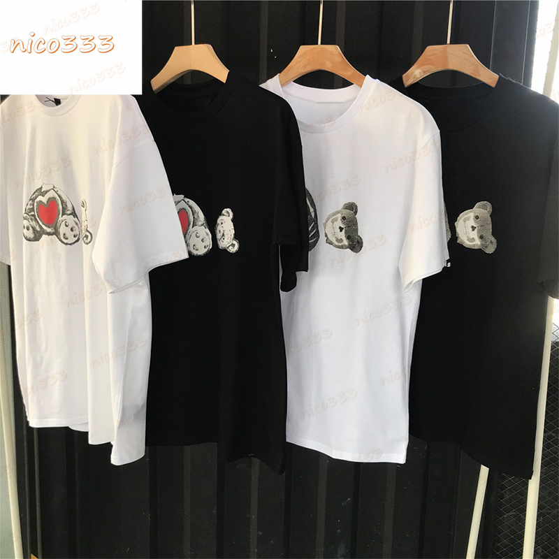 

23ss New t shirt beheaded bear black white glasses purple white love leopard print cotton loose round collar men women short sleeves, #02