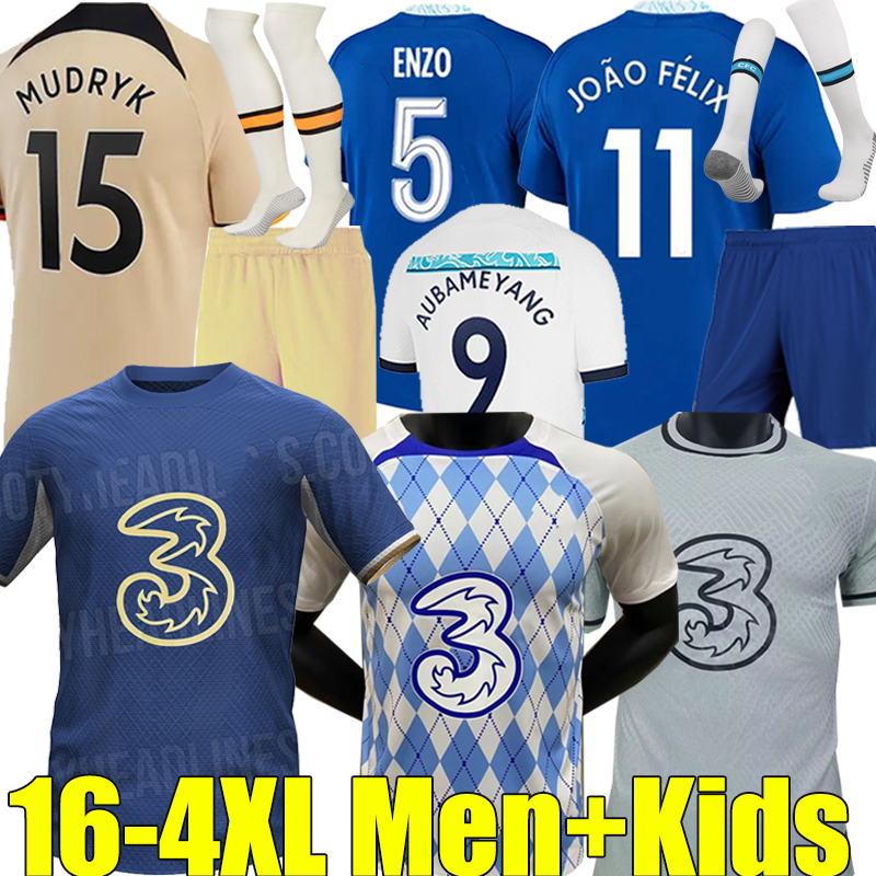 

XXXL 4XL 22/23 CFC Soccer Jerseys Enzo Fernandez Mudryk Joao Felix STERLING Fofana Cucurella KOULIBALY PULISIC MOUNT KANTE football shirt men kids kits socks full set, 22-23 third kids+socks