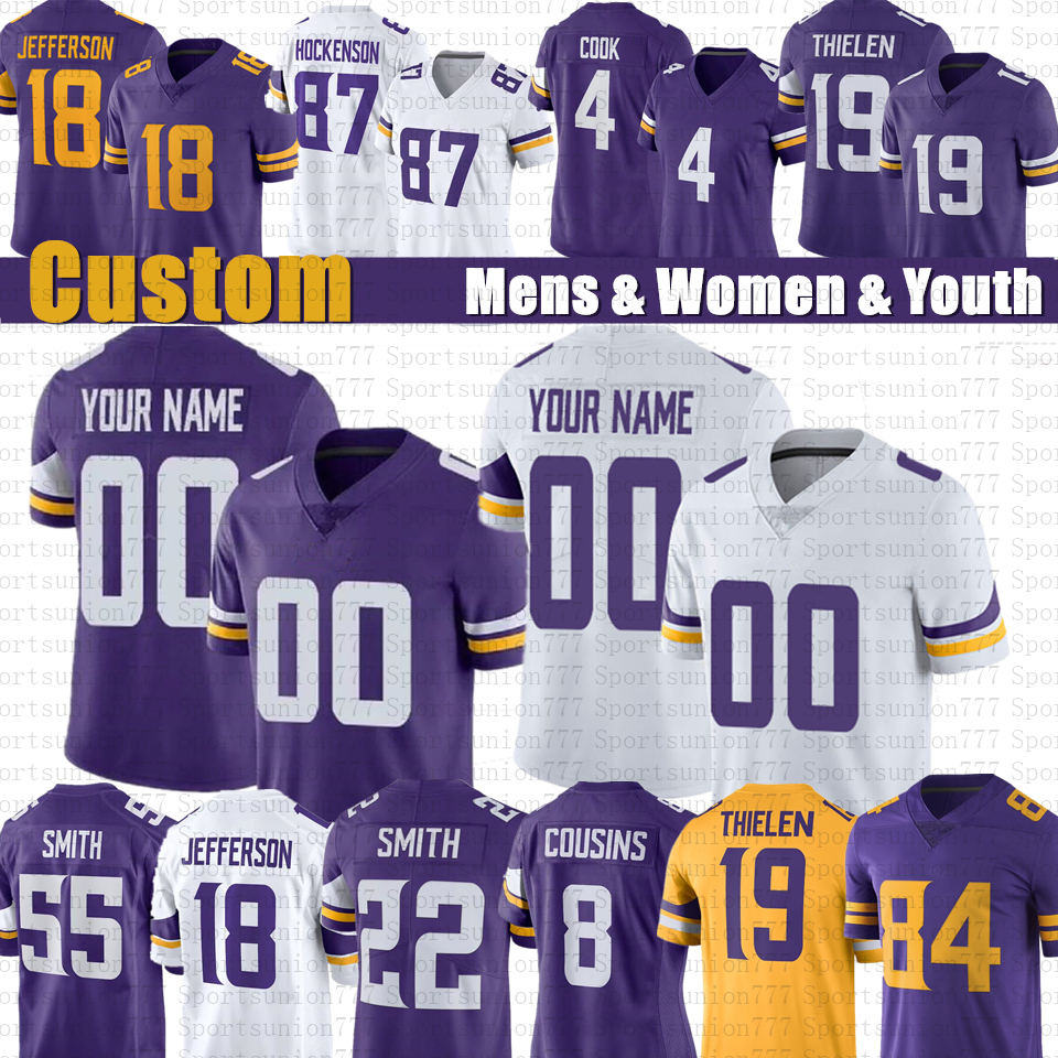 

Justin Jefferson TJ Hockenson Dalvin Cook Custom Football Jerseys Adam Thielen Kirk Cousins Randy Moss KJ Osborn Harrison Smith CJ Ham Lewis Cine Christian Darrisaw, Youth
