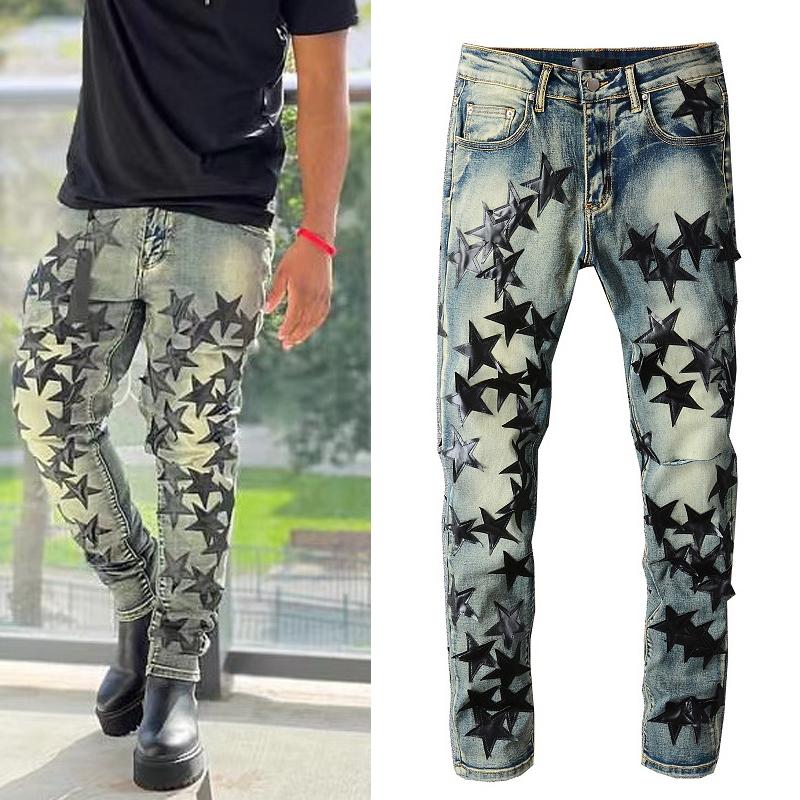 

Star Patches Wash Vintage Jeans For Man Slim Fit Leg XFV, 3322-orange star-amr