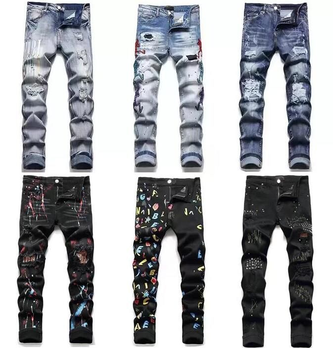 

2022 Mens Jeans Ripped Skinny Stretch Biker Denim Slim Fit Hip Hop Pants Men's Pants Asia Size -38 High Quality oxi